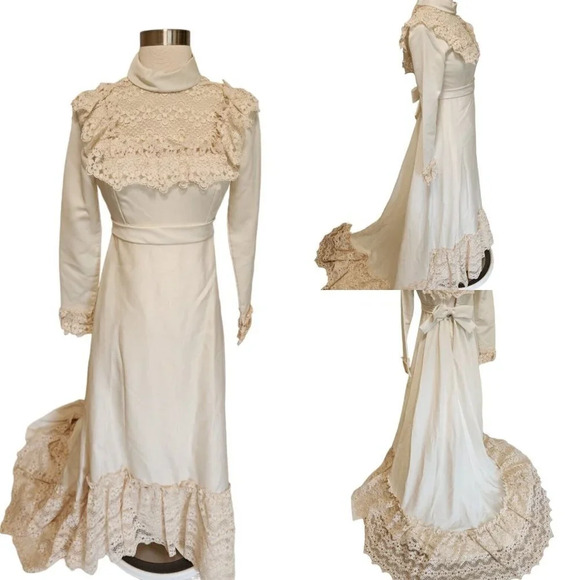 70s Vintage Wedding Dress Long Sleeve Lace Detail Train White Edwardian Prairie - Picture 1 of 11